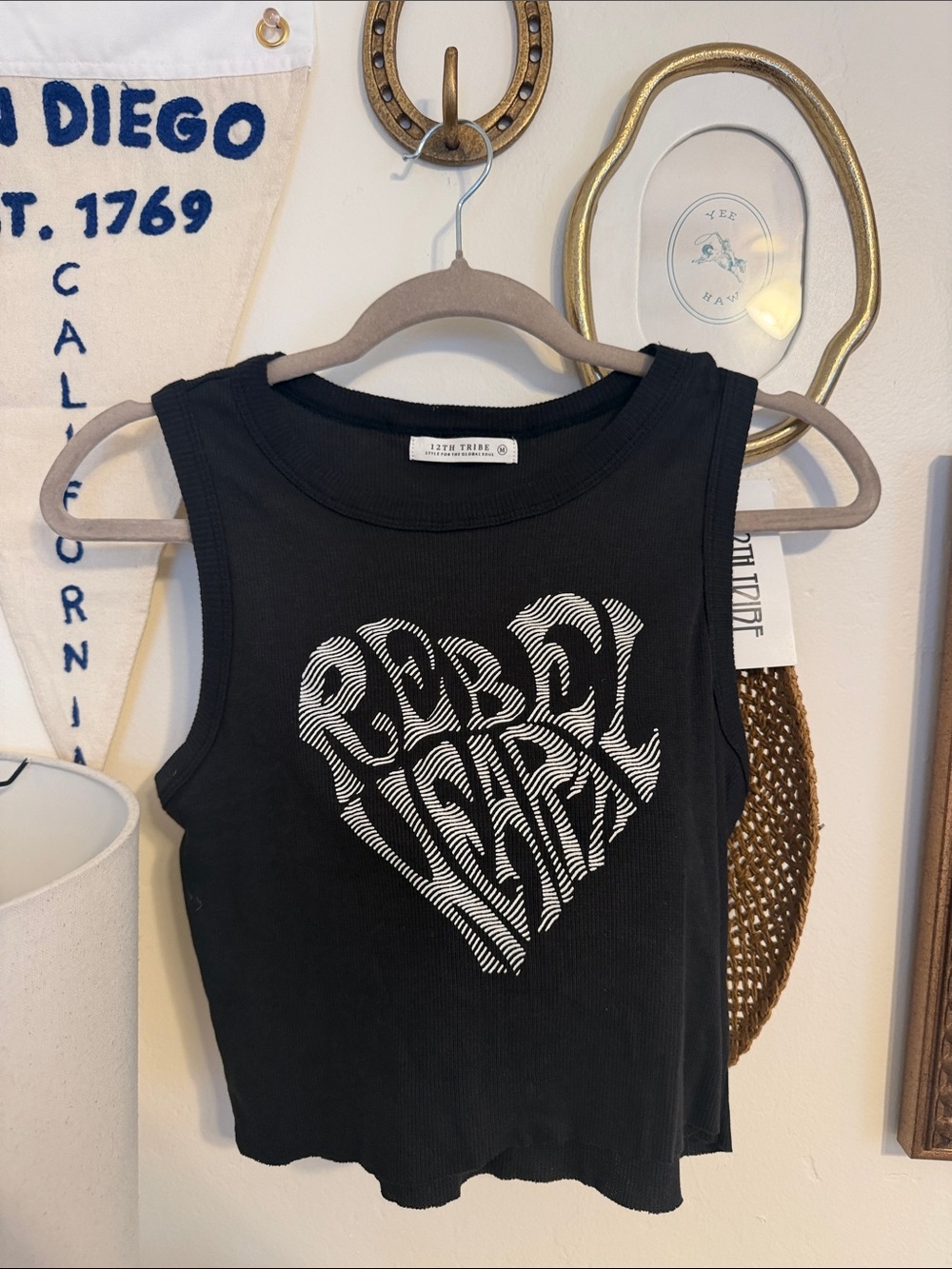12th Tribe Black Cropped Tank with White 'Rebel Heart' Graphic